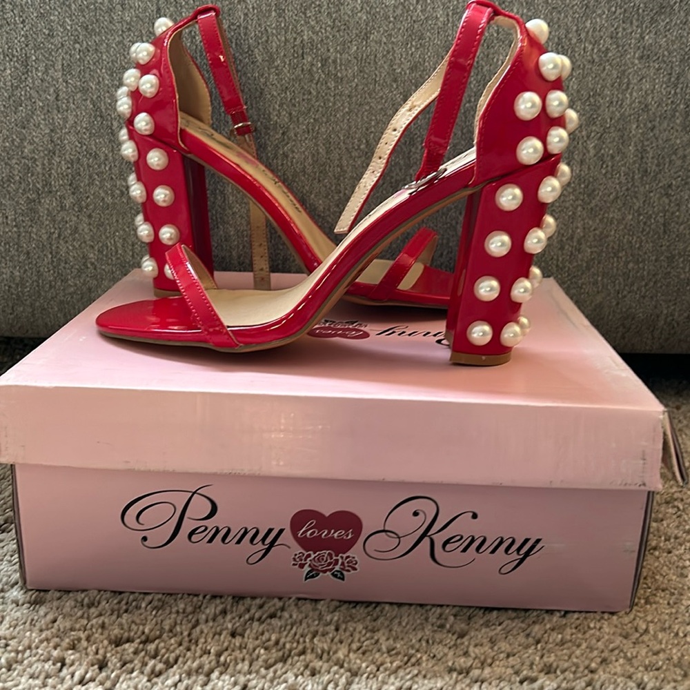 Red Patent leather pearl high heel sandals